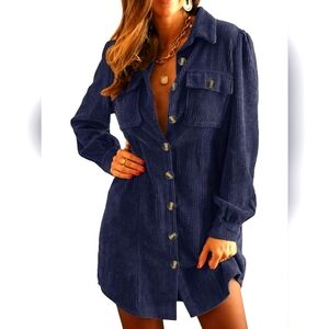 NEW Navy Blue Corduroy Long Sleeve Button Down Tunic Dress With Pockets